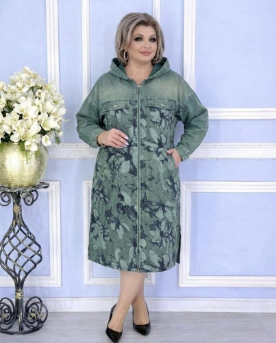 ДЖинсовый кардиган "Цветы" ( зеленый) (Китай, разные фабрики) — размеры 3XL